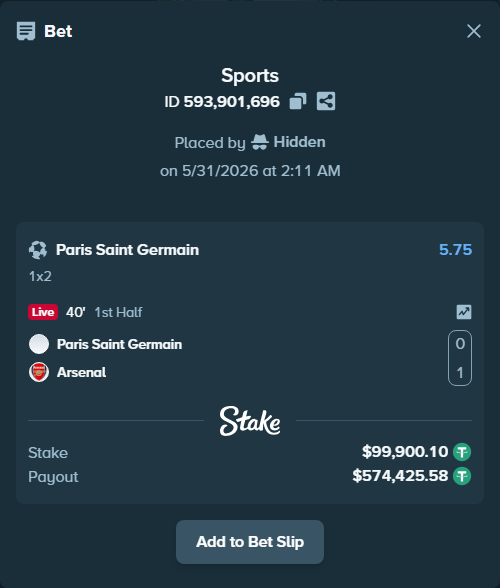 Bet slip: Paris Saint Germain - Arsenal, $100,000.00 stake at 5.75 odds, placed by xxxboom