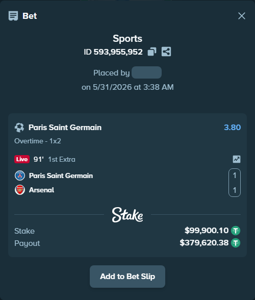 Bet slip: Paris Saint Germain - Arsenal, $100,000.00 stake at 3.80 odds, placed by xxxboom