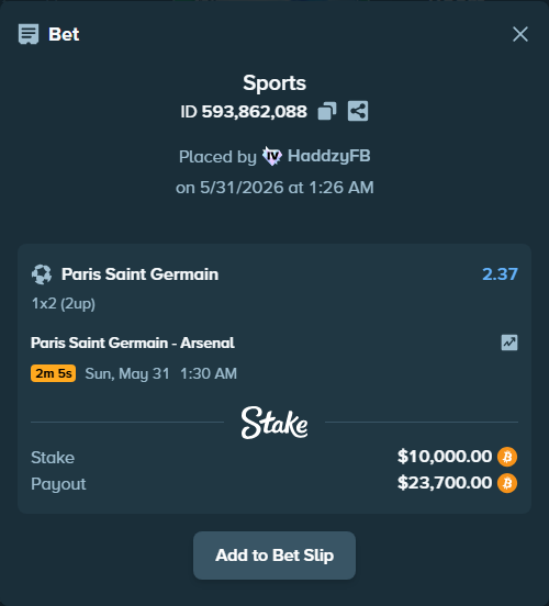 Bet slip: Paris Saint Germain - Arsenal, $8,715.90 stake at 2.37 odds, placed by HaddzyFB
