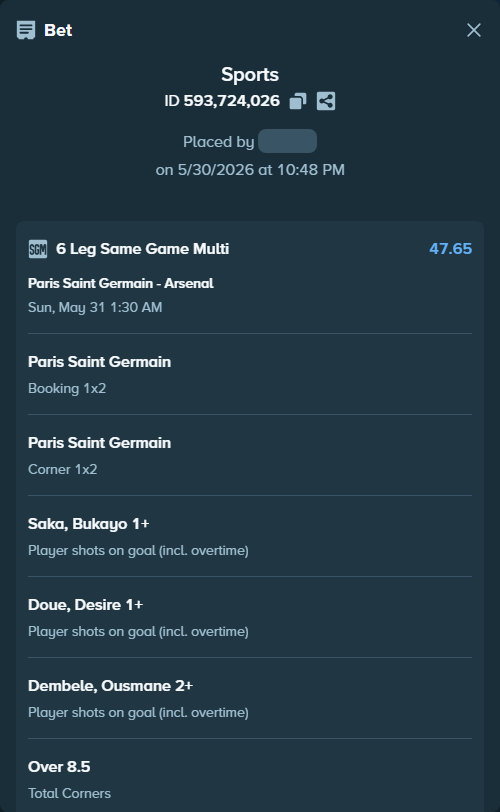 Bet slip: Paris Saint Germain - Arsenal, $10,010.00 stake at 3.05 odds, placed by Rikutafes4