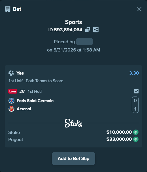 Bet slip: Paris Saint Germain - Arsenal, $10,010.00 stake at 3.30 odds, placed by Elantari36
