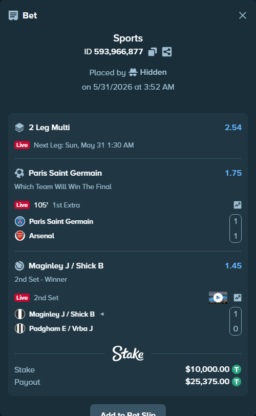 Bet slip: Paris Saint Germain - Arsenal, $10,010.00 stake at 1.75 odds, placed by Hidden