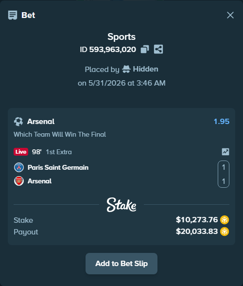 Bet slip: Paris Saint Germain - Arsenal, $8,520.03 stake at 1.95 odds, placed by Hidden