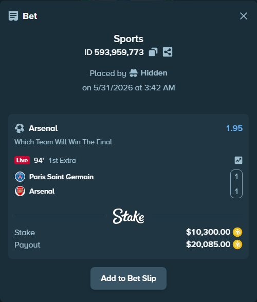 Bet slip: Paris Saint Germain - Arsenal, $8,517.51 stake at 1.95 odds, placed by Hidden