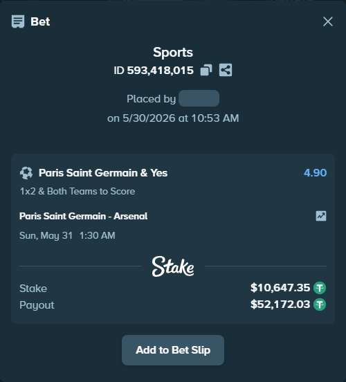 Bet slip: Paris Saint Germain - Arsenal, $10,658.00 stake at 4.90 odds, placed by Bastalot75