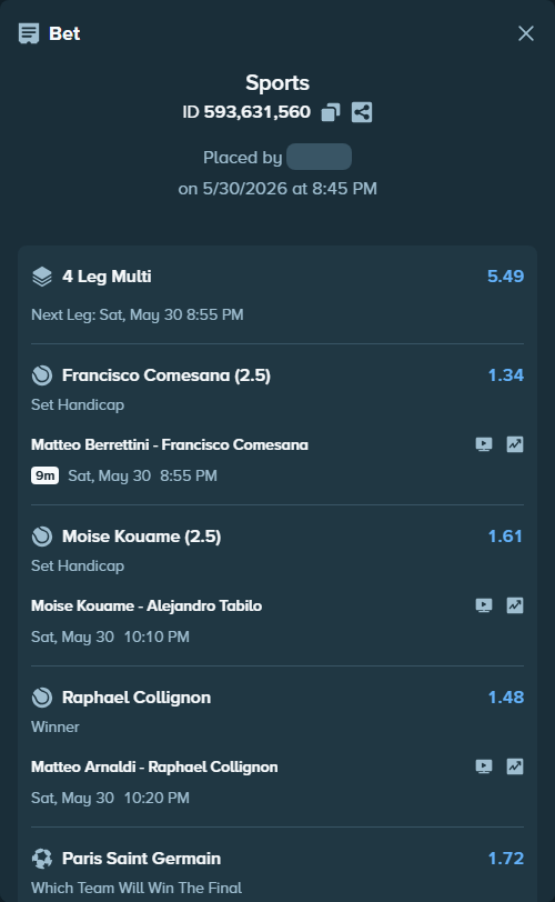 Bet slip: Paris Saint Germain - Arsenal, $10,679.00 stake at 1.72 odds, placed by diomancy