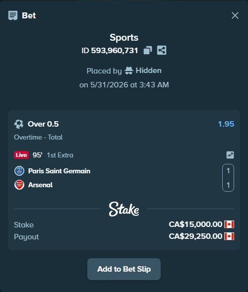 Bet slip: Paris Saint Germain - Arsenal, $11,100.00 stake at 1.95 odds, placed by Hidden