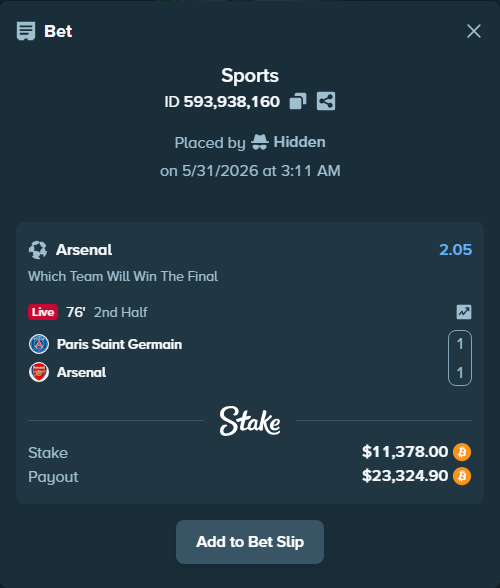 Bet slip: Paris Saint Germain - Arsenal, $9,910.56 stake at 2.05 odds, placed by Hidden