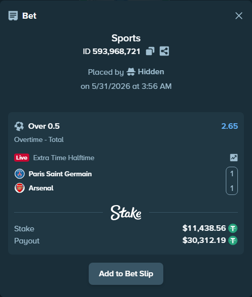Bet slip: Paris Saint Germain - Arsenal, $11,450.00 stake at 2.65 odds, placed by Hidden