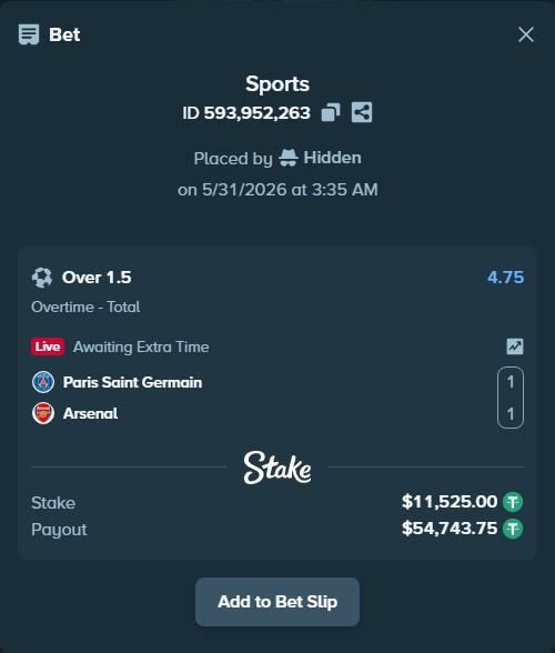 Bet slip: Paris Saint Germain - Arsenal, $11,536.52 stake at 4.75 odds, placed by Hidden