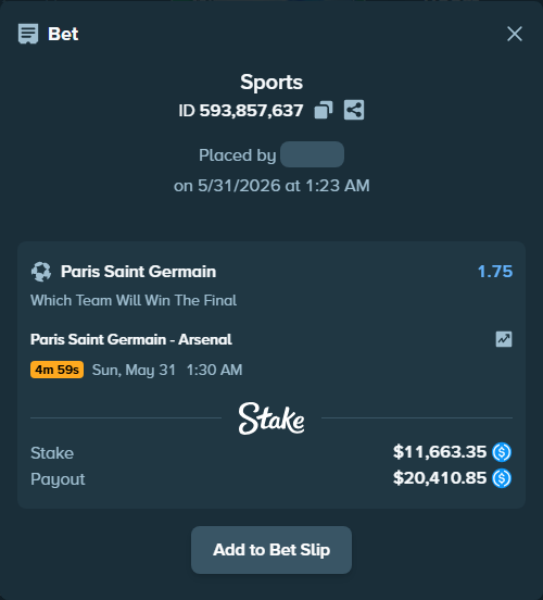 Bet slip: Paris Saint Germain - Arsenal, $11,663.35 stake at 1.75 odds, placed by Mushway