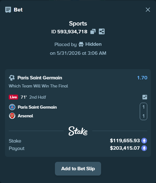Bet slip: Paris Saint Germain - Arsenal, $102,474.20 stake at 1.70 odds, placed by Hidden