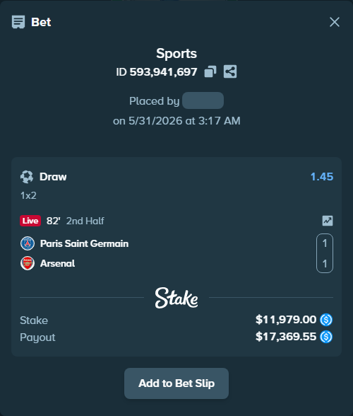 Bet slip: Paris Saint Germain - Arsenal, $11,979.00 stake at 1.45 odds, placed by Host97