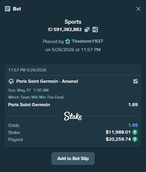 Bet slip: Paris Saint Germain - Arsenal, $12,000.00 stake at 1.69 odds, placed by Thestorm1937