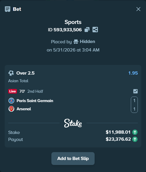 Bet slip: Paris Saint Germain - Arsenal, $12,000.00 stake at 1.95 odds, placed by Hidden