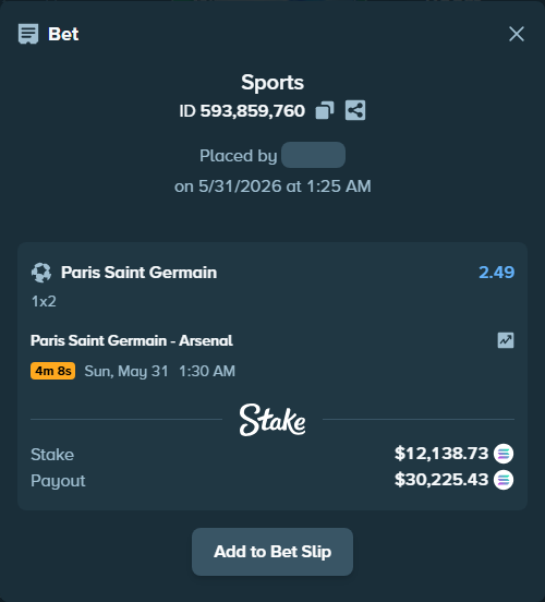 Bet slip: Paris Saint Germain - Arsenal, $10,791.27 stake at 2.49 odds, placed by Pierob76