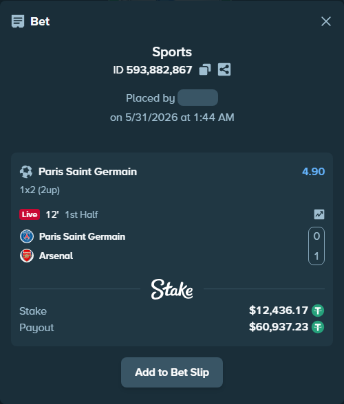 Bet slip: Paris Saint Germain - Arsenal, $12,448.61 stake at 4.90 odds, placed by Oskarlindt