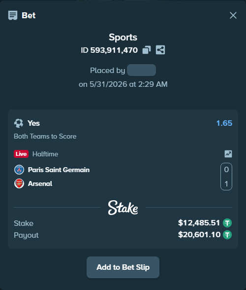 Bet slip: Paris Saint Germain - Arsenal, $12,498.00 stake at 1.65 odds, placed by Albertosf90