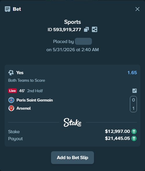 Bet slip: Paris Saint Germain - Arsenal, $13,010.00 stake at 1.65 odds, placed by fhuncal