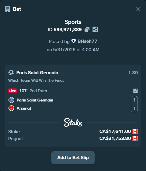 Bet slip: Paris Saint Germain - Arsenal, $13,054.34 stake at 1.80 odds, placed by BHseh77