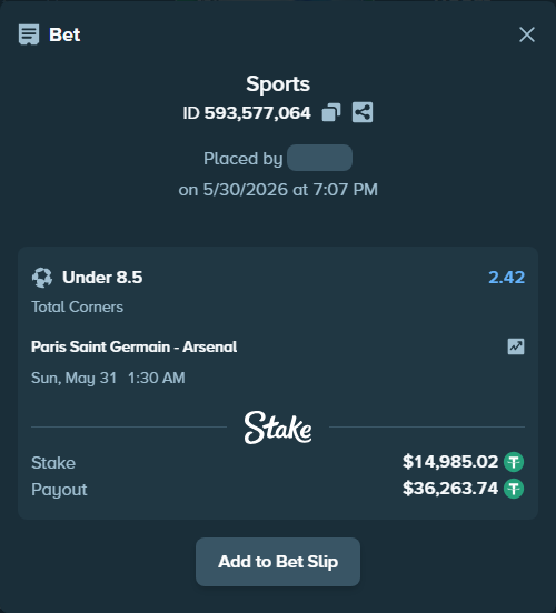 Bet slip: Paris Saint Germain - Arsenal, $15,000.00 stake at 2.42 odds, placed by FirePawar