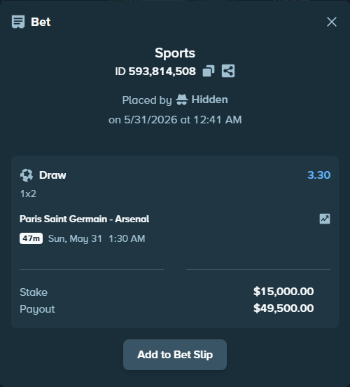 Bet slip: Paris Saint Germain - Arsenal, $15,000.00 stake at 3.30 odds, placed by winers26