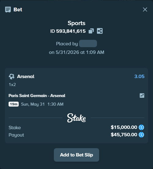 Bet slip: Paris Saint Germain - Arsenal, $15,000.00 stake at 3.05 odds, placed by winers26