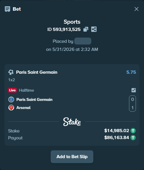 Bet slip: Paris Saint Germain - Arsenal, $15,000.00 stake at 5.75 odds, placed by TomS111