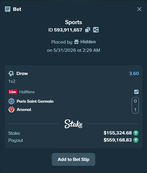 Bet slip: Paris Saint Germain - Arsenal, $155,480.00 stake at 3.60 odds, placed by Hidden