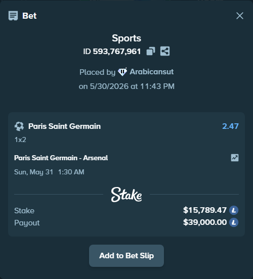Bet slip: Paris Saint Germain - Arsenal, $13,632.00 stake at 2.47 odds, placed by Arabicansut