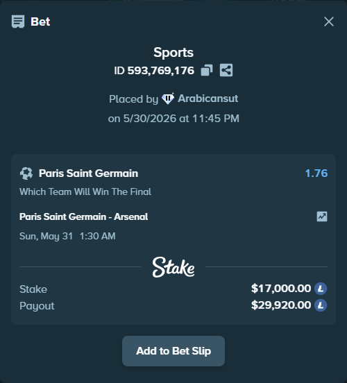 Bet slip: Paris Saint Germain - Arsenal, $14,677.12 stake at 1.76 odds, placed by Arabicansut