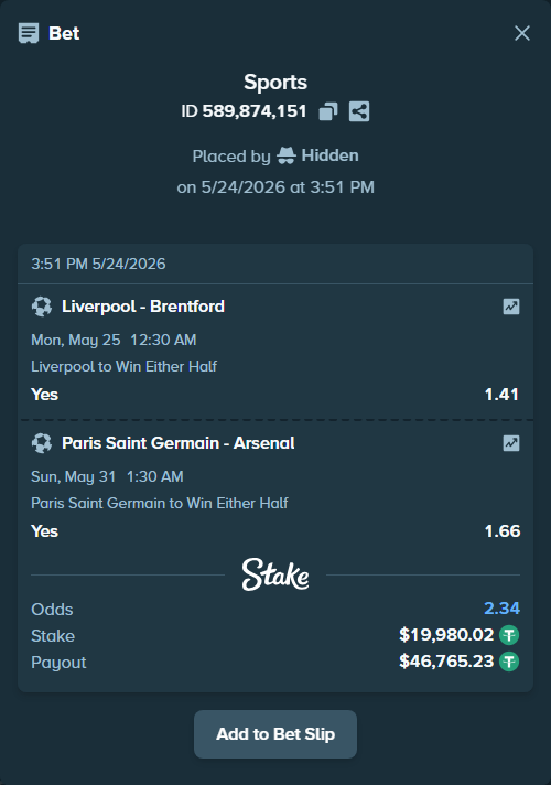 Bet slip: Paris Saint Germain - Arsenal, $20,000.00 stake at 1.66 odds, placed by Hidden