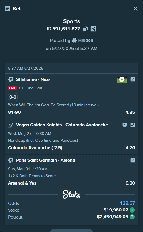 Bet slip: Paris Saint Germain - Arsenal, $20,000.00 stake at 6.00 odds, placed by Hidden