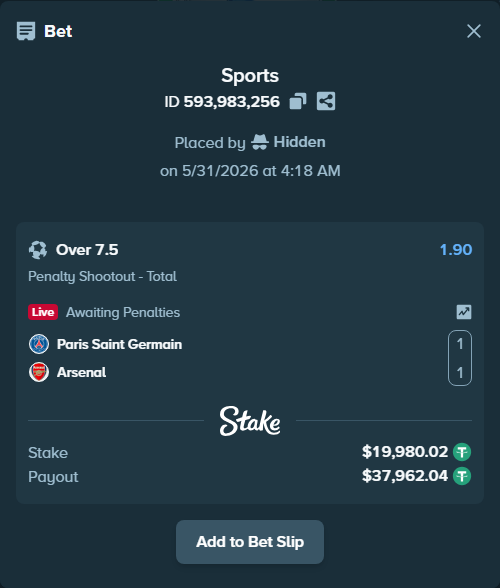 Bet slip: Paris Saint Germain - Arsenal, $20,000.00 stake at 1.90 odds, placed by Hidden