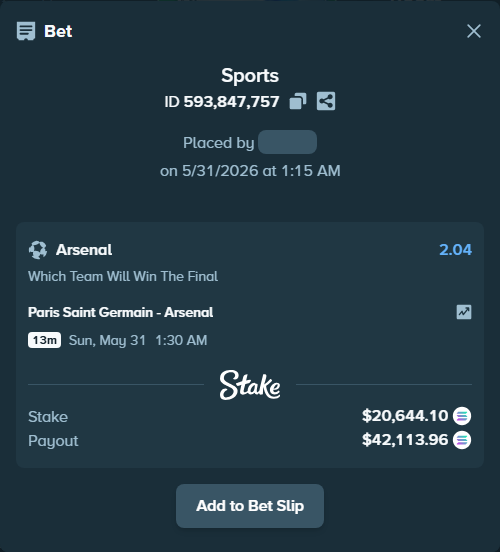 Bet slip: Paris Saint Germain - Arsenal, $18,167.50 stake at 2.04 odds, placed by Hkarnib99