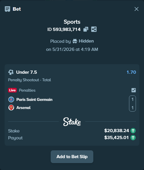 Bet slip: Paris Saint Germain - Arsenal, $20,859.08 stake at 1.70 odds, placed by Hidden