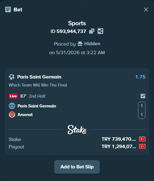 Bet slip: Paris Saint Germain - Arsenal, $22,184.10 stake at 1.75 odds, placed by Hidden