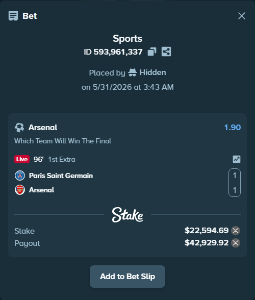 Bet slip: Paris Saint Germain - Arsenal, $19,233.28 stake at 1.90 odds, placed by Hidden