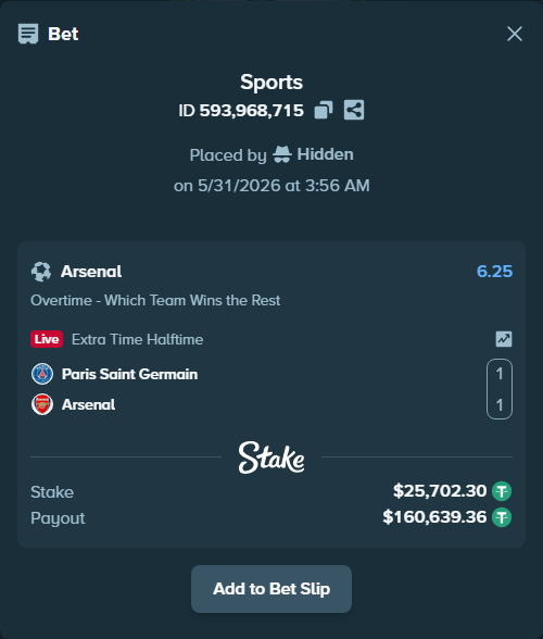 Bet slip: Paris Saint Germain - Arsenal, $25,728.00 stake at 6.25 odds, placed by Hidden
