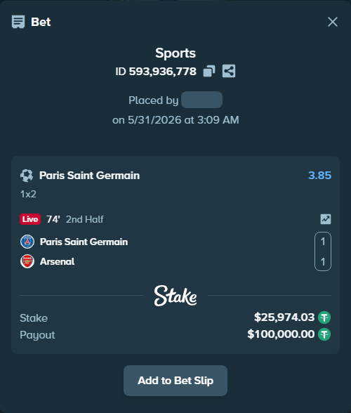 Bet slip: Paris Saint Germain - Arsenal, $26,000.00 stake at 3.85 odds, placed by GaryM90