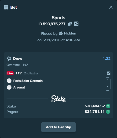 Bet slip: Paris Saint Germain - Arsenal, $28,513.00 stake at 1.22 odds, placed by Hidden