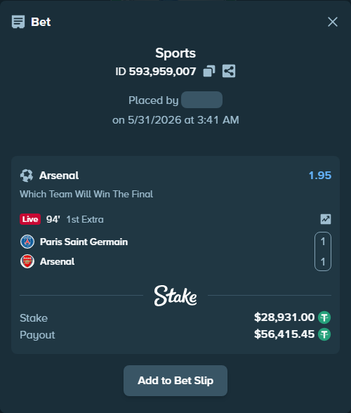 Bet slip: Paris Saint Germain - Arsenal, $28,959.93 stake at 1.95 odds, placed by Zumbus93