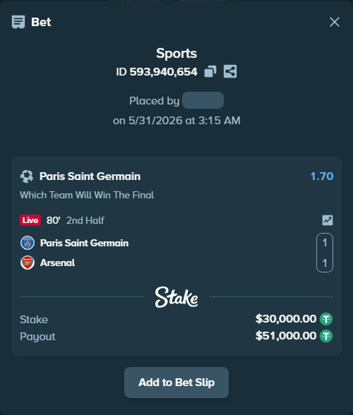 Bet slip: Paris Saint Germain - Arsenal, $30,030.00 stake at 1.70 odds, placed by NicoleCoal