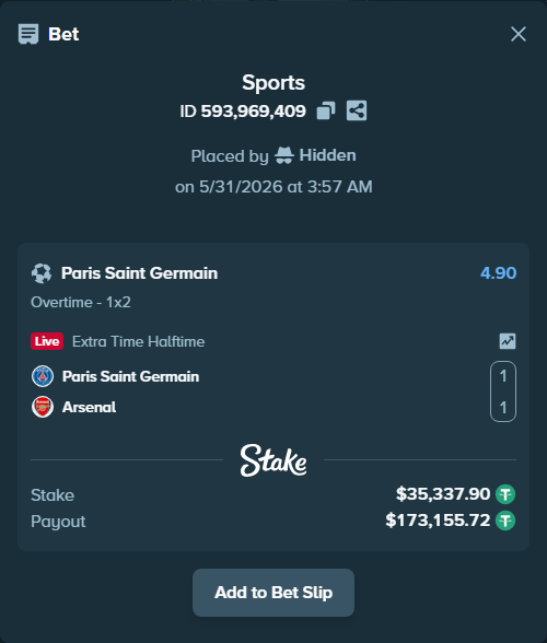 Bet slip: Paris Saint Germain - Arsenal, $35,373.24 stake at 4.90 odds, placed by Hidden