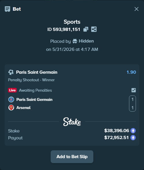 Bet slip: Paris Saint Germain - Arsenal, $32,902.64 stake at 1.90 odds, placed by Hidden