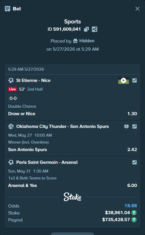 Bet slip: Paris Saint Germain - Arsenal, $39,000.00 stake at 6.00 odds, placed by Hidden