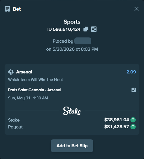 Bet slip: Paris Saint Germain - Arsenal, $39,000.00 stake at 2.09 odds, placed by Boat1101