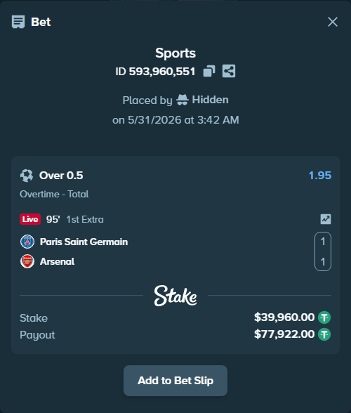 Bet slip: Paris Saint Germain - Arsenal, $39,999.96 stake at 1.95 odds, placed by Hidden