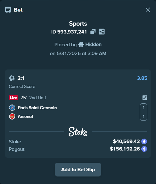 Bet slip: Paris Saint Germain - Arsenal, $34,743.94 stake at 3.85 odds, placed by Hidden