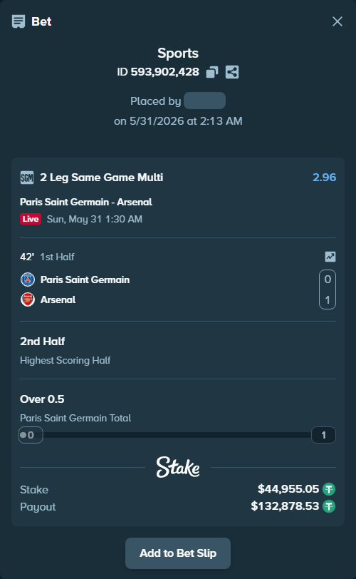 Bet slip: Paris Saint Germain - Arsenal, $45,000.00 stake at 2.70 odds, placed by Mesars